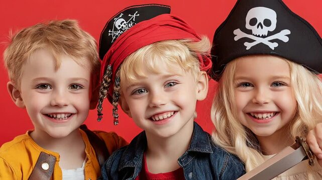 Joyful children in pirate costumes smiling against bright red background.