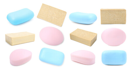 Different soap bars on white background, set. Top and side view