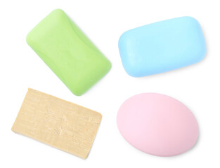 Different soap bars on white background, set. Top view