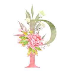 P – Letter P monogram with romantic peony bouquet in pastel tones. Adds sophistication to invitation suites and packaging.