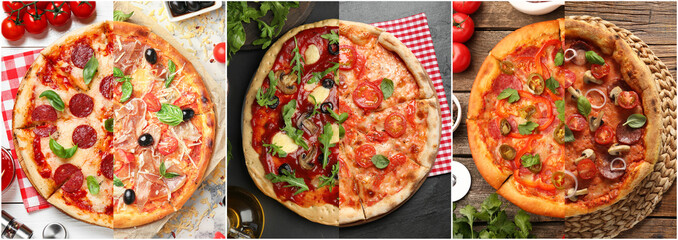 Collage of different delicious pizzas, top view. Banner design