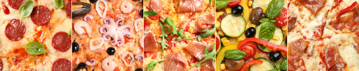 Collage of different delicious pizzas, top view. Banner design