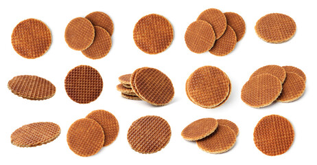 Yummy Dutch waffles isolated on white, set