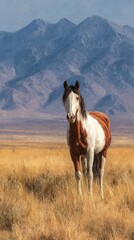 Horse standing in golden grass with mountains in the background under clear blue sky