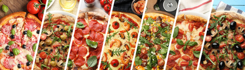 Collage of different delicious pizzas, top view. Banner design