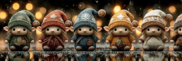 Charming knitted dolls in festive hats placed on a reflective surface with twinkling lights in the background