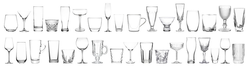 Different empty clean glassware on white background, collage