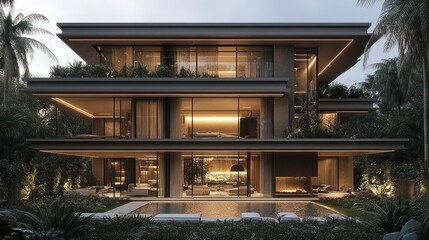 Fototapeta premium Modern, multi-level home with pool at dusk