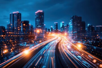 Illuminated smart city with fast moving light trails and advanced data connectivity