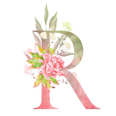R – Refined R initial with flowing watercolor flowers and natural greens. Suitable for luxury branding and feminine designs.