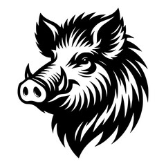 Fototapeta premium A detailed illustration of a fierce wild boar in black and white, with a focused gaze. Its powerful features and sharp tusks create a striking impression
