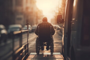 A wheelchair user is accessing a specially designed van for people with accessibility needs by means of a ramp, positioned against a sunny backdrop with a shallow depth of field