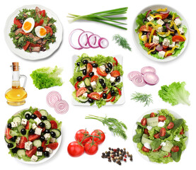 Tasty salads with fresh ingredients on white background, collage
