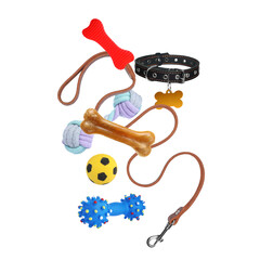 Different products for pets falling on white background
