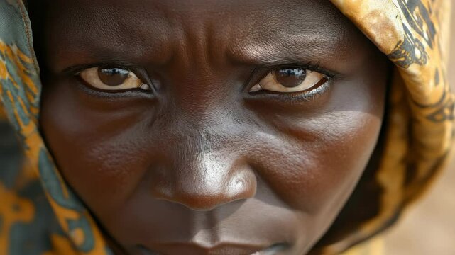 A woman with brown eyes and a black nose. She is wearing a yellow scarf. The woman's face is the main focus of the 