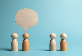 A line of wooden figures stands in front of a speech bubble, symbolizing diverse voices and communication