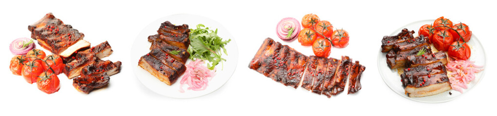 Delicious grilled ribs on white background, collage
