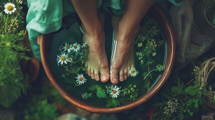 Woman soaking feet in dark herbal infusion with flowers