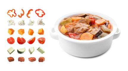 Delicious cooked stew and fresh ingredients on white background, collage