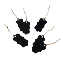 Many blank tags on white background, collage. Mockup for design