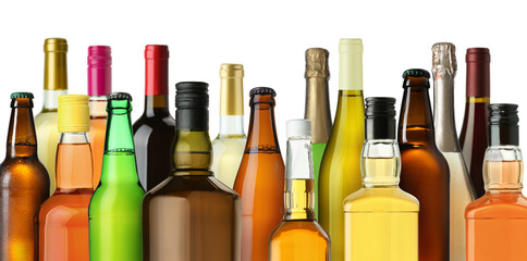 Bottles with different types of alcoholic drinks on white background, set