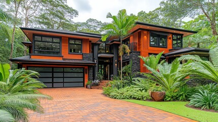 Naklejka premium Modern two-story home with orange exterior, lush landscaping, and dark accents