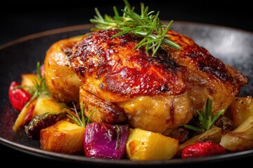 Maish&auml;hnchen Brath&auml;hnchen Ofengem&uuml;se H&auml;hnchen mit Kartoffeln gebratenes H&auml;hnchen Rosmarin H&auml;hnchenfest Essen mit Gem&uuml;se Gefl&uuml;gelgericht rustikales Essen Sonntagsessen Festtagsbraten knusprig