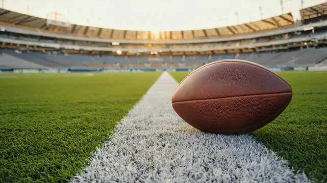 A football is on the field in front of a stadium. The stadium is empty. The football is on the grass