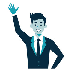 Businessman celebrating success with raised arms in cartoon style