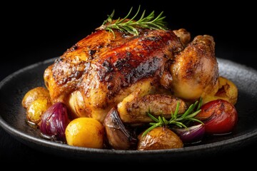 Maish&auml;hnchen Brath&auml;hnchen Ofengem&uuml;se H&auml;hnchen mit Kartoffeln gebratenes H&auml;hnchen Rosmarin H&auml;hnchenfest Essen mit Gem&uuml;se Gefl&uuml;gelgericht rustikales Essen Sonntagsessen Festtagsbraten knusprig