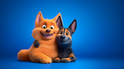 Fototapeta premium Two Cartoon Dogs Embracing on Blue Background