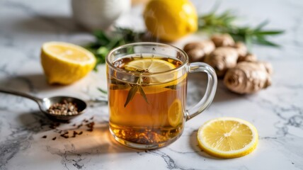 A glass mug with steaming detox tea infused with cumin, ginger and lemon. In the background are fresh lemons, ginger root and a teaspoon of cumin seeds.