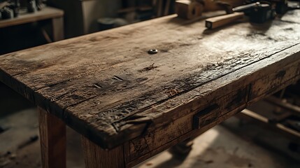Rustic Wooden Workbench Close-up with Distressed Surface
