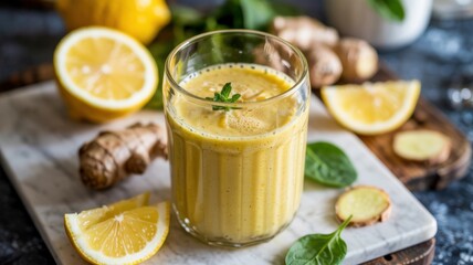 Creamy lemon-ginger morning smoothie served in a glass glass. In the background are slices of fresh lemon, grated ginger and spinach leaves.