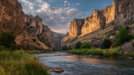 Golden sunlight kisses the rugged canyon walls as a serene river winds through lush greenery. The tranquil setting captures the essence of nature's beauty during golden hour