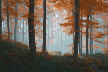 Obraz premium Vibrant autumn forest landscape revealing a serene atmosphere with golden and orange foliage in morning light