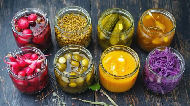 Variety of Fermented and Pickled Vegetables and Fruits in Jars on a Dark Wooden Surface