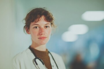 Young female doctor with stethoscope providing healthcare in a bright hospital environment, showcasing professionalism and dedication to patient care