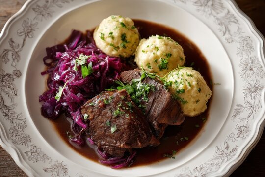 Rinderbraten mit Rotkohl und Kn&ouml;del Schmorbraten deutsches Essen Hausmannskost Festessen Sonntagsbraten deftige Mahlzeit Winteressen Fleischgericht Traditionell So&szlig;e Kartoffelkl&ouml;&szlig;e Essen anrichten