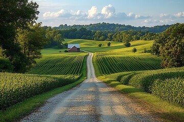 Obraz premium Long gravel driveway between lush crops high resolution picture