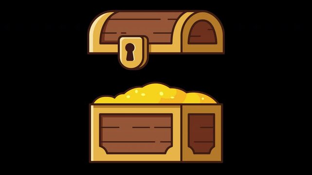 A side-view animation of a wooden treasure chest filled with shiny gold coins, designed for Lottie use in game UIs, finance platforms, or achievement effects. Transparent Background
