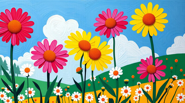 fauvist inspired scene with exaggerated, bold colors and simplified shapes of daisies and sky
