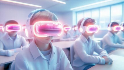 Classroom of the future: students engaged in learning with virtual reality headsets. - Powered by Adobe