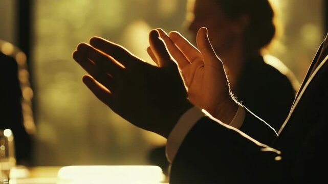 A man claps his hands in front of another man. The man clapping is in the foreground and the other man is in the background. The scene is set in a business meeting