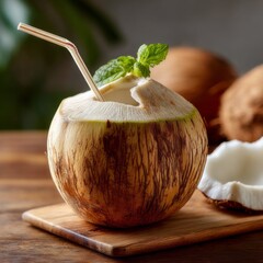 A coconut filled with fresh coconut water sits on a wooden board, accompanied by a straw and mint garnish. Background features coconuts and a rustic setting, creating a tropical vibe