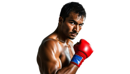 Dark-skinned Asian boxer with black hair wearing red boxing gloves is guarding with a confident stance on an isolated transparent background.