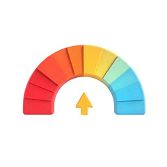 3D illustration of a half-round scale transitioning from deep red to light blue, with a vibrant yellow arrow pointing center. on isolated transparent background.