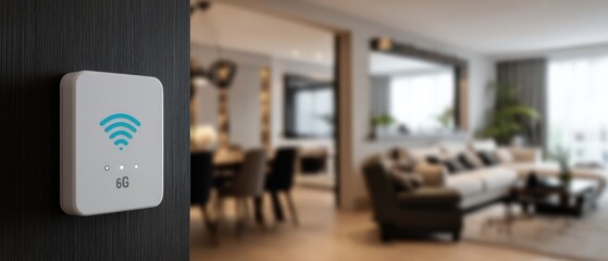Modern 6G WiFi Router on Wall in Contemporary Home Interior, showcasing fast wireless internet connectivity and smart home technology for seamless digital lifestyle