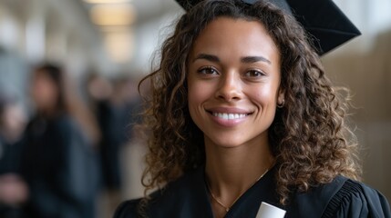 Fototapeta premium A young African American woman, with curly hair and a radiant smile, stands proudly in her graduation cap and gown, surrounded by fellow graduates in a festive atmosphere