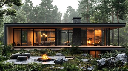 Luxury modern house evening forest view high resolution picture